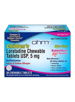 Ohm OHM Children's Chewable Tablets, Dye Free, Bubblegum, Non-Drowsy 24h Relief of Sneezing, Runny Nose, Itchy Watery Eyes, Itchy Throat or Nose, Antihistamine, Indoor & Outdoor Allergies, 5mg, 30 Tablets  - Image 1