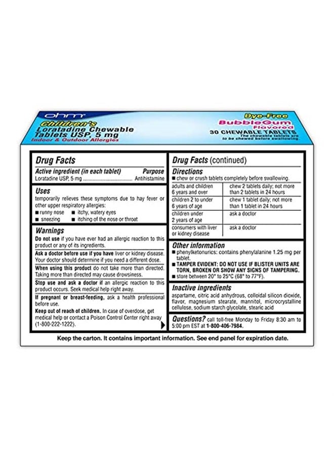 OHM Children's Chewable Tablets, Dye Free, Bubblegum, Non-Drowsy 24h Relief of Sneezing, Runny Nose, Itchy Watery Eyes, Itchy Throat or Nose, Antihistamine, Indoor & Outdoor Allergies, 5mg, 30 Tablets - Image 3