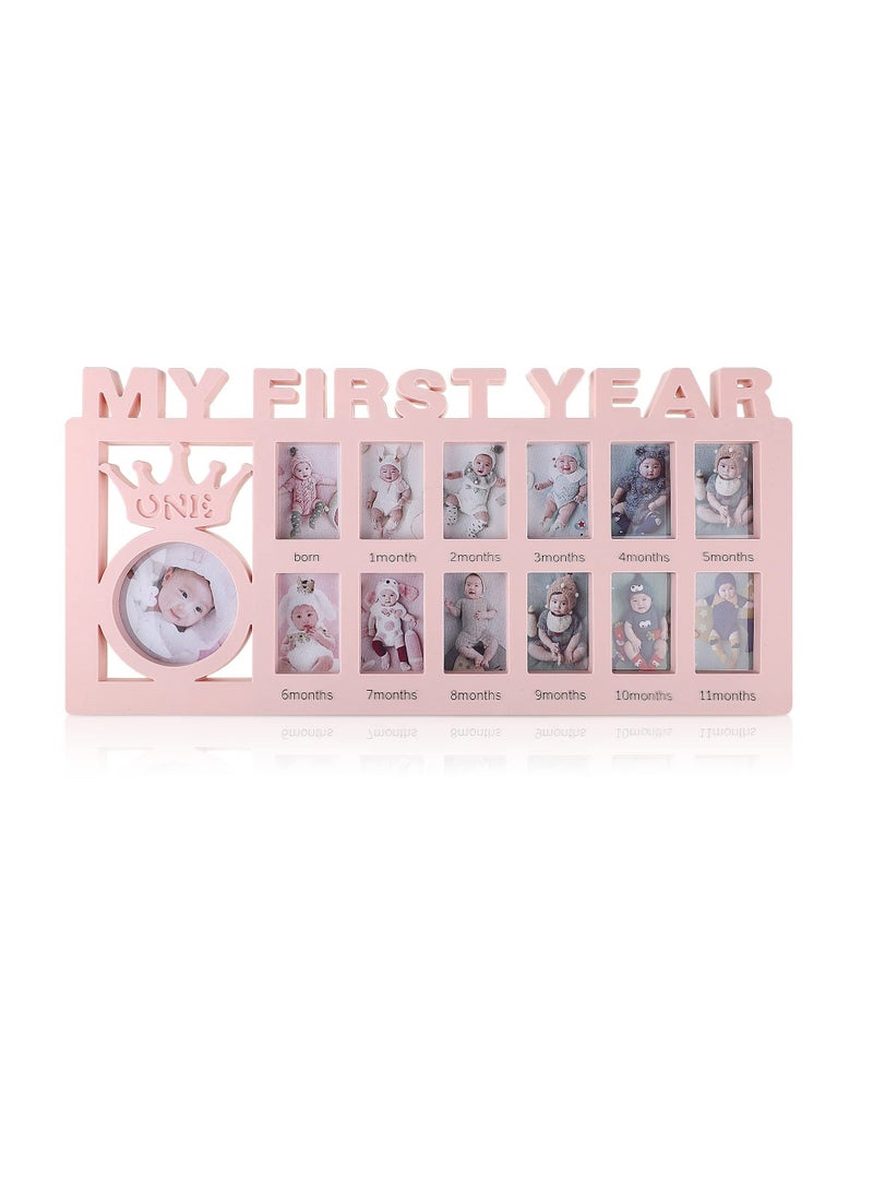 NIBEMINENT Newborn Baby Picture Frame, Photo My First Year Keepsake Frame 12 Months, Shower Monthly Milestone Desktop for Memories 1st Birthday (Pink)  - Image 1