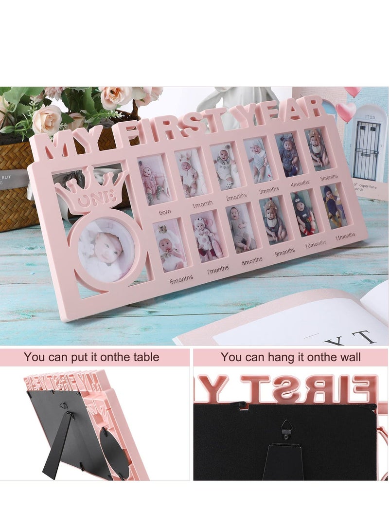 NIBEMINENT Newborn Baby Picture Frame, Photo My First Year Keepsake Frame 12 Months, Shower Monthly Milestone Desktop for Memories 1st Birthday (Pink)  - Image 2