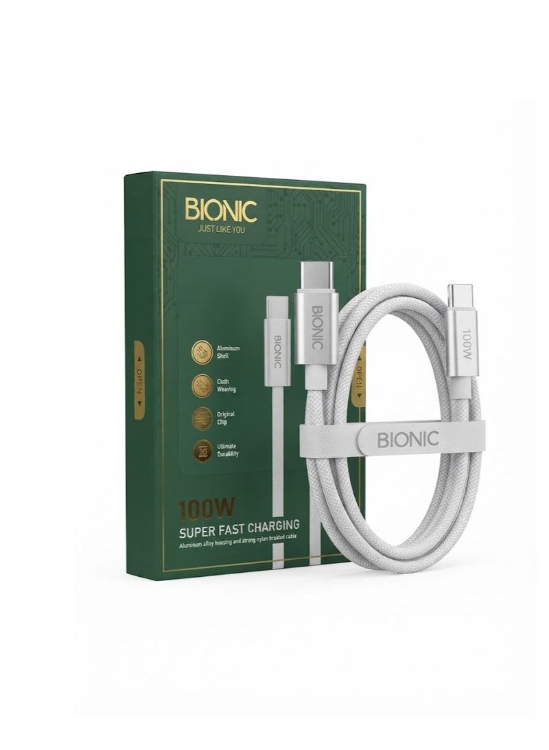 بيونيك كيبل شحن سريع BIONIC USB-C إلى USB-C بقوة 100 واط، نايلون مضفر، بيانات وطاقة عالية السرعة - Image 1