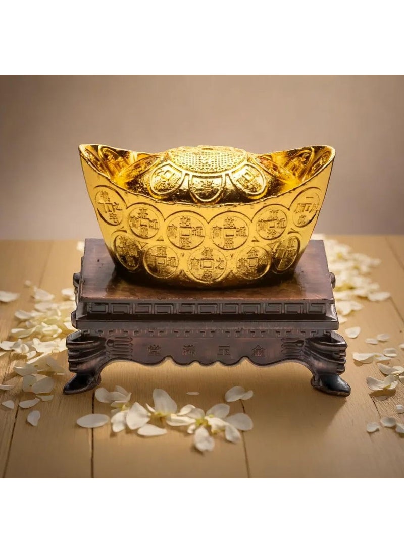 Plus Value Plus Value Feng Shui Golden Wealth Ingot with Stand for Good Luck Fortune Home Decor Showpiece Statue Chinese Vastu Item 2 Inches Gold Brass  - Image 1