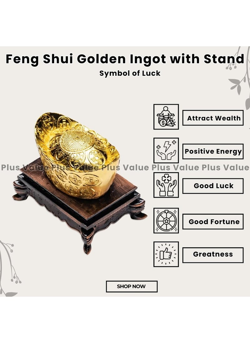 Plus Value Plus Value Feng Shui Golden Wealth Ingot with Stand for Good Luck Fortune Home Decor Showpiece Statue Chinese Vastu Item 2 Inches Gold Brass  - Image 3