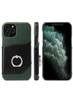 Case Cover For iPhone 12 Pro Max Fierre Shann Oil Wax Texture Genuine Leather Back Cover Case with 360 Degree Rotation Holder & Card Slot Black+Green