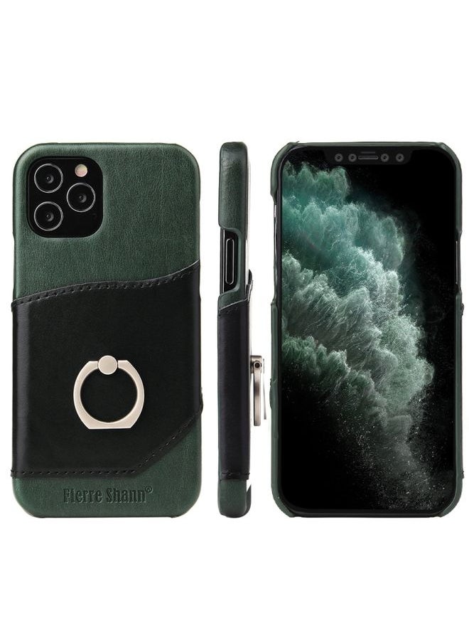 Generic - Case Cover For iPhone 12 Pro Max Fierre Shann Oil Wax Texture Genuine Leather Back Cover Case with 360 Degree Rotation Holder & Card Slot Black+Green - Image 1