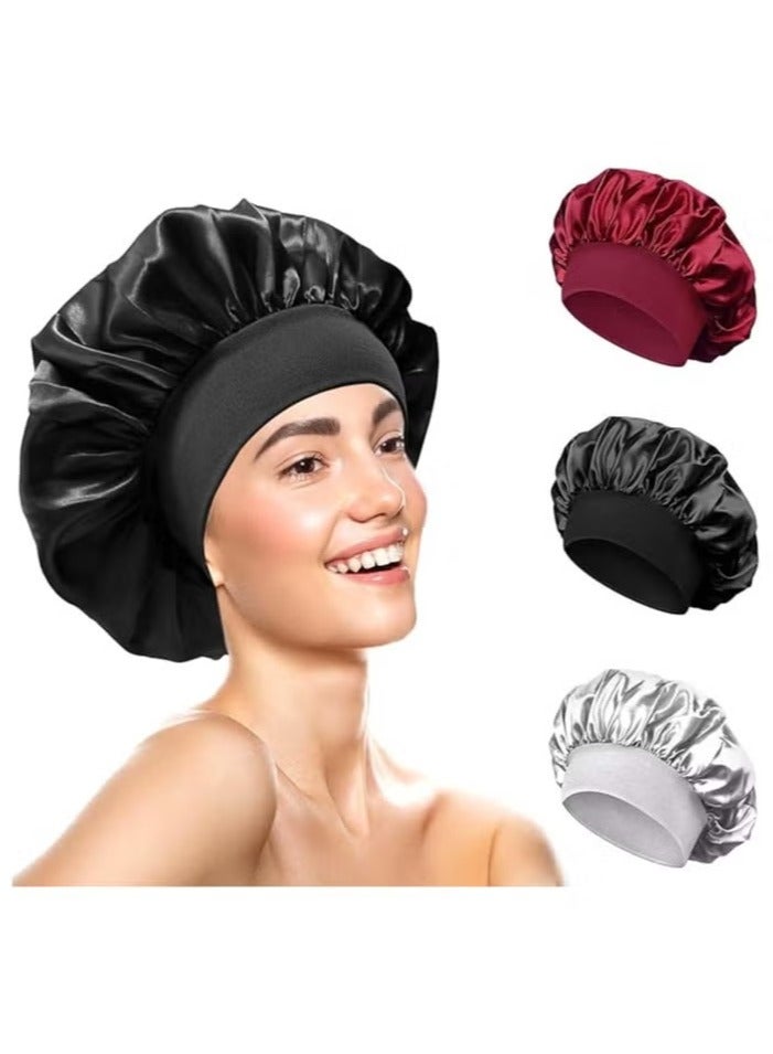Generic Sleeping cap, satin hair cap, sleeping hair cap, wide band silk sleeping cap, reusable elastic sleeping cap, women girls nighttime sleeping cap silk cap (pack of three)  - Image 1