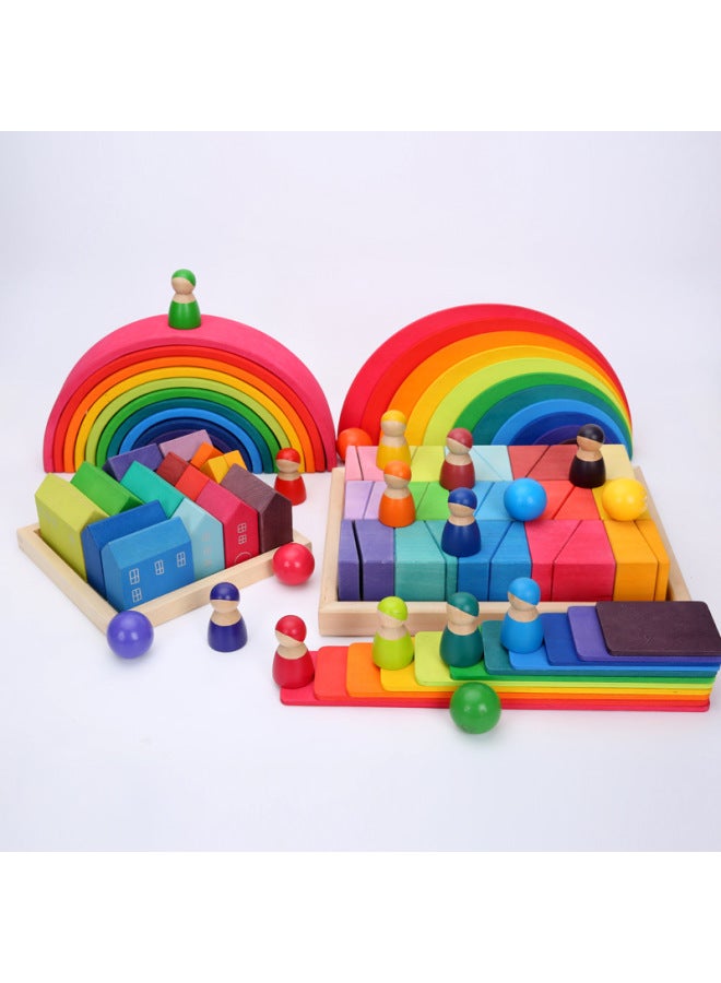 Wooden Large Rainbow Building Blocks 12 Color Pieces Arch Bridge-Shaped Semi-Circle Children's German Early Education Stacked Music Quality Curved Board Toy-Color:Ladder Basswood-Zheyi-Specifications:9.5*18.5*6.5 - Image 3