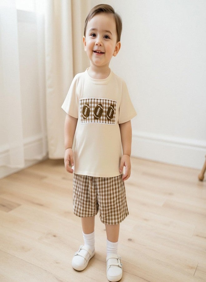 Amnnchya Kids Baby Boy Girl Football Outfit Embroidery Short Sleeve Shirt Plaid Shorts Cute Toddler Clothes Clothing Set (Khaki, 12-18 Months) - Image 4