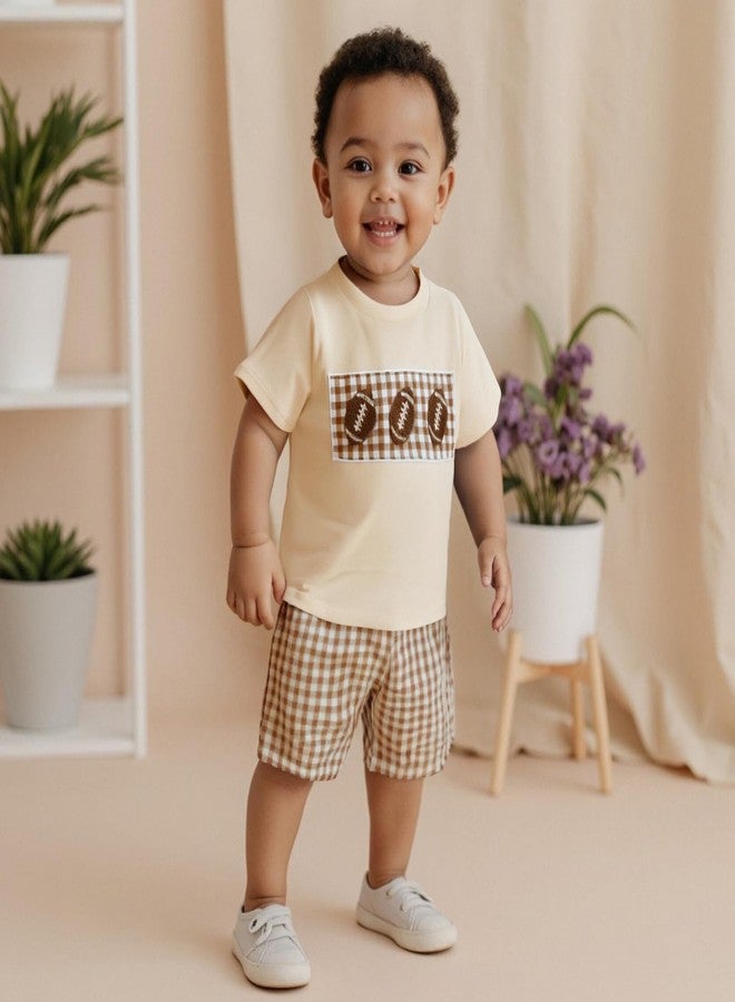 Amnnchya Kids Baby Boy Girl Football Outfit Embroidery Short Sleeve Shirt Plaid Shorts Cute Toddler Clothes Clothing Set (Khaki, 12-18 Months) - Image 3