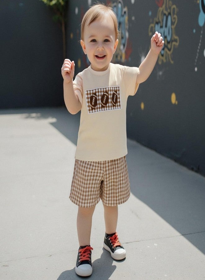 Amnnchya Kids Baby Boy Girl Football Outfit Embroidery Short Sleeve Shirt Plaid Shorts Cute Toddler Clothes Clothing Set (Khaki, 12-18 Months) - Image 5