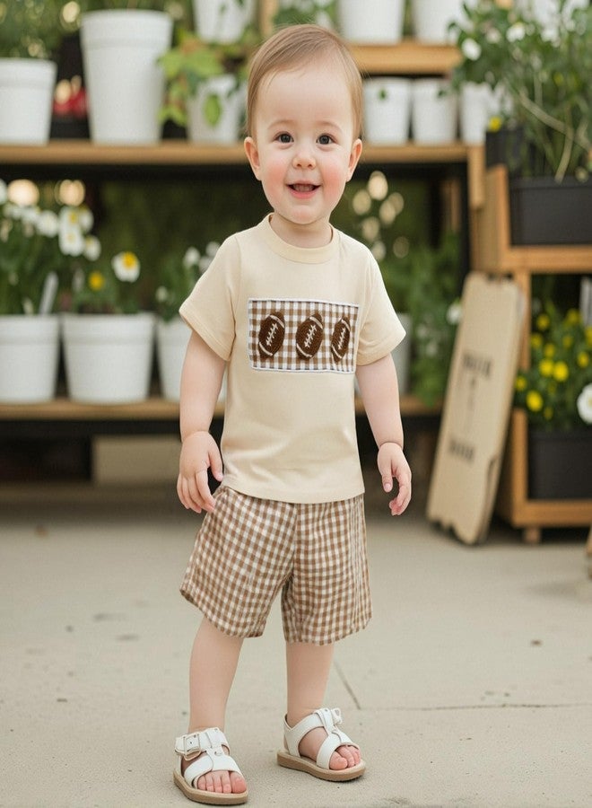 Amnnchya Kids Baby Boy Girl Football Outfit Embroidery Short Sleeve Shirt Plaid Shorts Cute Toddler Clothes Clothing Set (Khaki, 12-18 Months) - Image 2