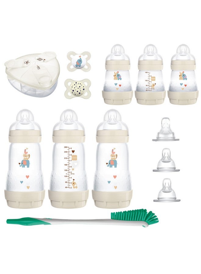 MAM مجموعة هدايا الأطفال الأولى من عمر 0+ أشهر، زجاجات مضادة للمغص بسعة 5 أونصات و9 أونصات مع حلمات ومصاصات من السيليكون ذاتية التعقيم وموزع تركيبة آمن للغسل في غسالة الأطباق وفرشاة زجاجات للجنسين - Image 1