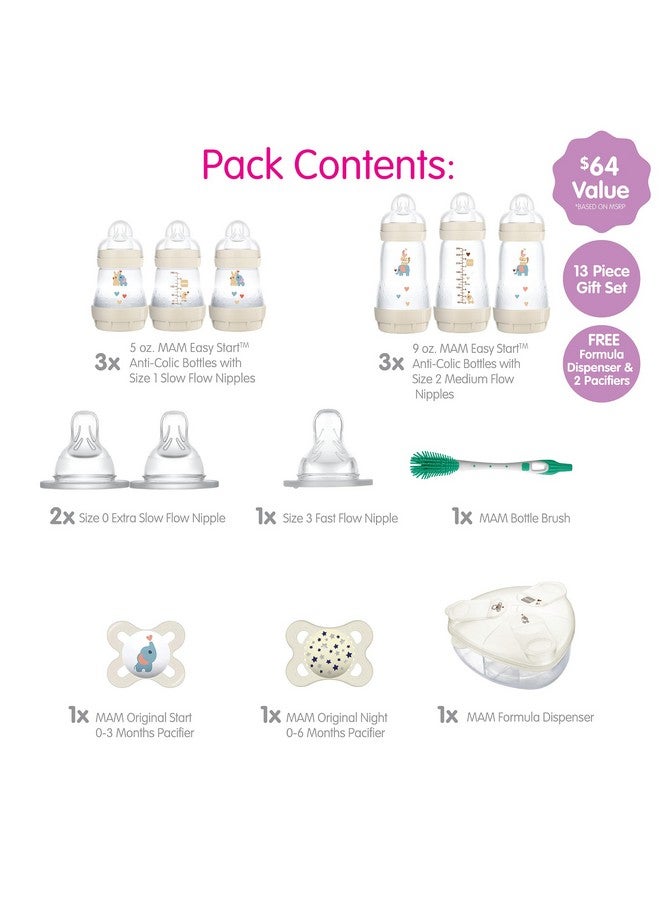 MAM مجموعة هدايا الأطفال الأولى من عمر 0+ أشهر، زجاجات مضادة للمغص بسعة 5 أونصات و9 أونصات مع حلمات ومصاصات من السيليكون ذاتية التعقيم وموزع تركيبة آمن للغسل في غسالة الأطباق وفرشاة زجاجات للجنسين - Image 2
