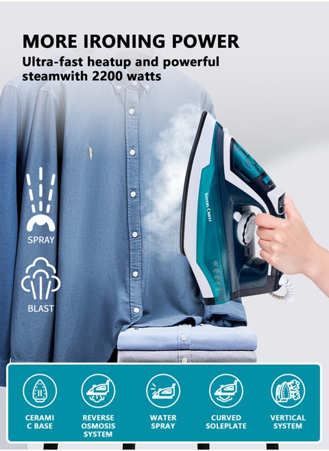 مكواة بخار قابلة للتعديل مع قاعدة غير لاصقة ووظيفة الرش 450 مل 2200 وات SC-9705 أزرق/أزرق داكن
