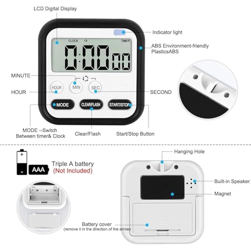 TURBID Digital Kitchen Timer with Mute/Loud Alarm Switch ON/Off Switch, 24 Hour Clock & Alarm, Memory Function Count Up & Count Down for Kids Teachers Cooking, Large LCD Display, Strong Magnet (BLACK) - Image 3