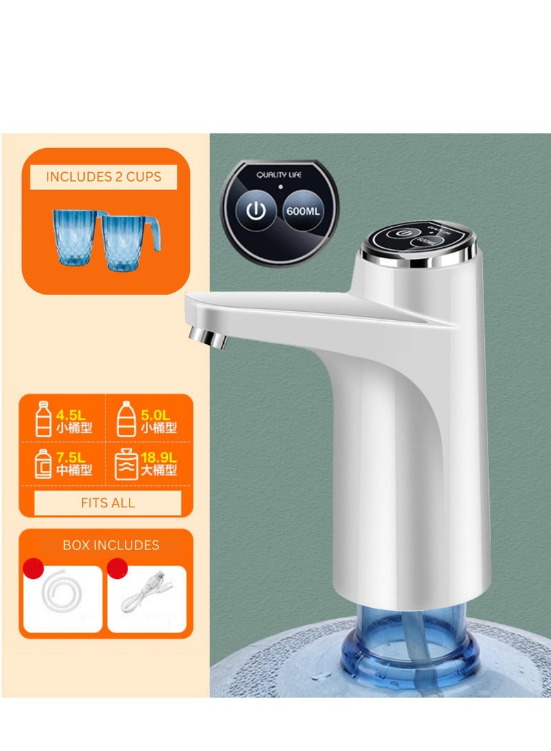Rechargeable Water Dispenser Pump with 2 Water Cups, 600ml Quantitative, USB Charging, Universal Fit Gallon Bottles, Portable USB Charging Electric Water Bottle Pump, - Image 2