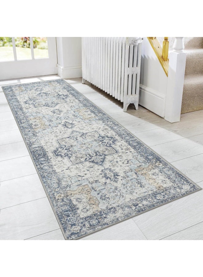 مايل ميلو سجادة رانر 50x160cm، سجادة رواق عتيقة غير قابلة للانزلاق، خفيفة الوزن وقابلة للغسل في الغسالة للممر والمدخل وغرفة النوم والمطبخ والممر، ازرق - Image 1