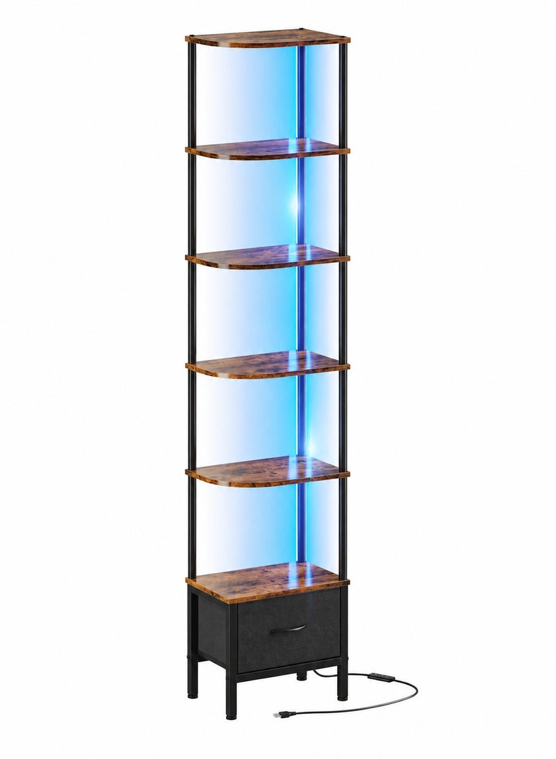 يانارا مصباح أرضي للزوايا بـ 6 رفوف مع إضاءة RGB ودرج - وحدة رفوف وتخزين حديثة لغرفة المعيشة وغرفة النوم - بني ريترو - Image 1