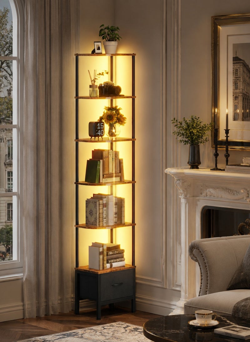 يانارا مصباح أرضي للزوايا بـ 6 رفوف مع إضاءة RGB ودرج - وحدة رفوف وتخزين حديثة لغرفة المعيشة وغرفة النوم - بني ريترو - Image 2