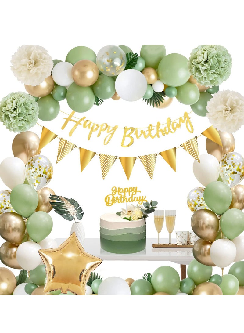 Excefore Birthday Decoration for Women Man, Thinbal Saga Green Birthday Party Decorations, Green Gold Birthday Sash and Confetti Balloons, Cake Topper, Paper Pompoms for Girls Boys Birthday Decoration - Image 1