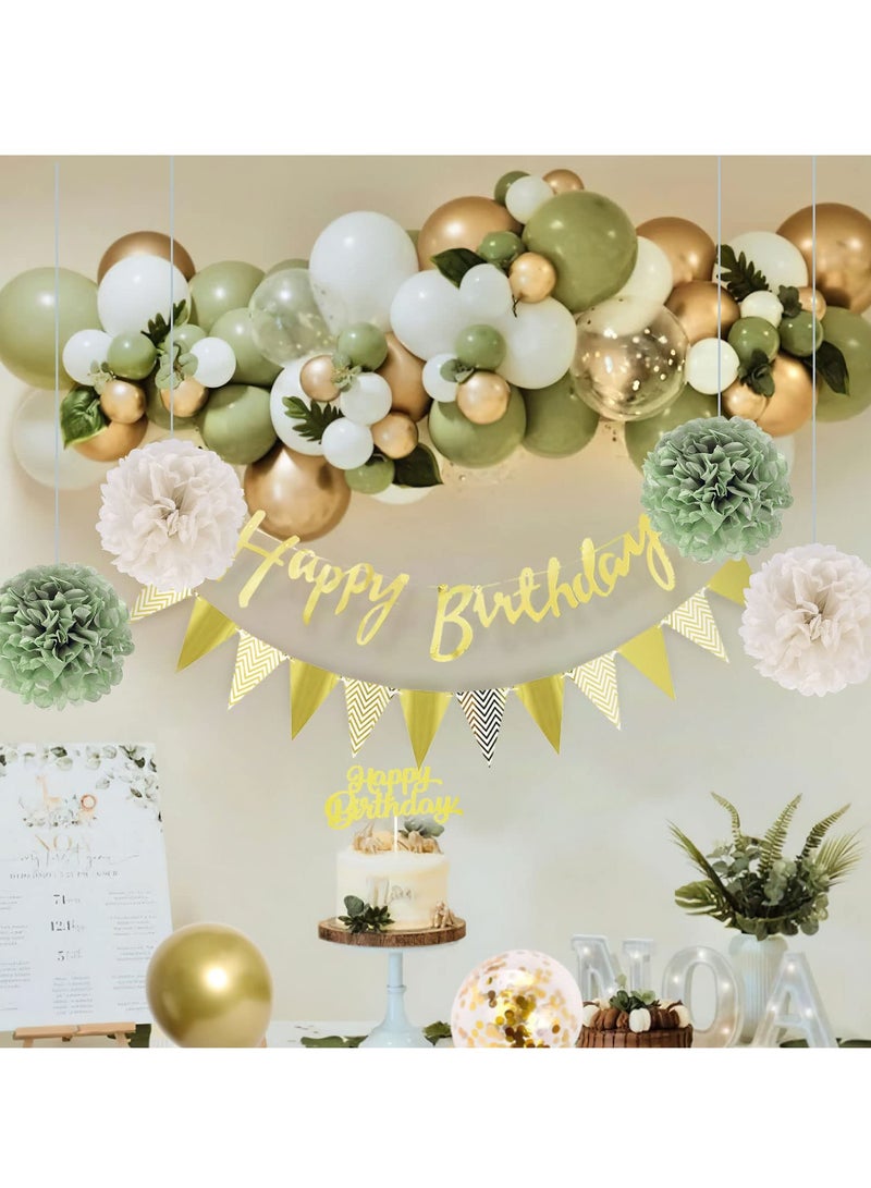 Excefore Birthday Decoration for Women Man, Thinbal Saga Green Birthday Party Decorations, Green Gold Birthday Sash and Confetti Balloons, Cake Topper, Paper Pompoms for Girls Boys Birthday Decoration - Image 2