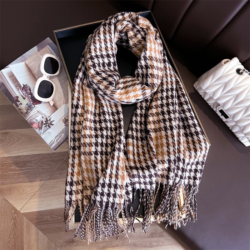 Korean-style cashmere woven warm shawl scarf for boys and girls autumn and winter fashionable versatile plaid tassel scarf for students - Image 2