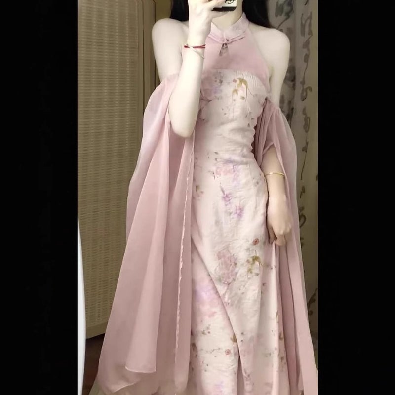 Elegant Pink Floral Cheongsam Wedding Dress for Women - Image 2