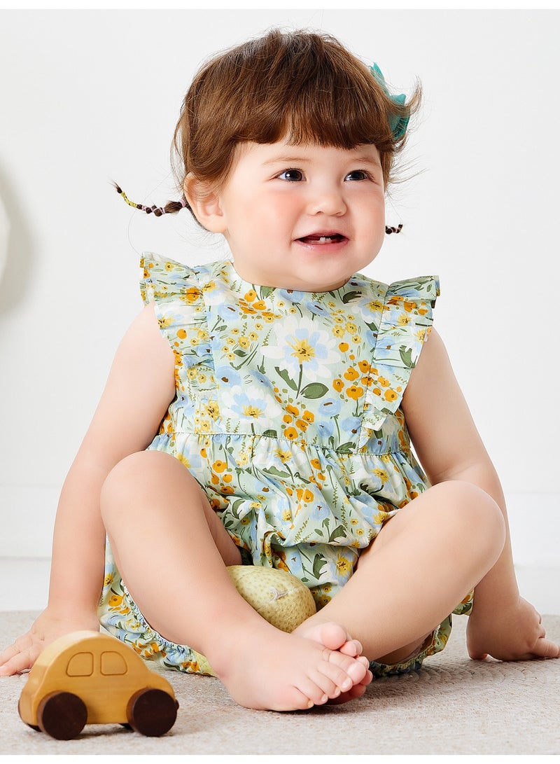 ميني بالا سراويل طفلة الأطفال بدون كمصانق للخروج، بتصميم زهري، قطعة ناعمة وقابلة للتنفس، كم صفتي، قطع خلفية على شكل قلب، مغلق بزر مواسع، لطيفة وفاخرة للأنشطة اليومية والخارجية - Image 1