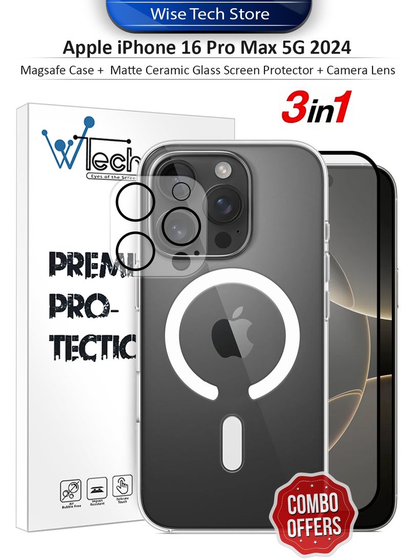 دبليو تيك حزمة حماية 3 في 1 لهاتف أبل آيفون 16 برو ماكس 5G 2024، حقيبة شفافة فاخرة مقاومة للصدمات مع ميغسيف، واقي شاشة سيراميك مطفي وواقي عدسة الكاميرا بحماية 360، تركيب سهل - شفاف/أسود - Image 1