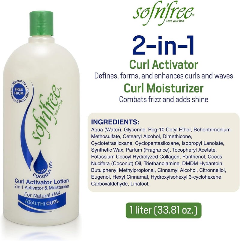 SOFNFREE Sofn’Free Curl Activator Lotion with Coconut Oil - 2 in 1 Activator & Moisturiser for Natural Hair, 33.81 fl oz / 1000ml - Image 2