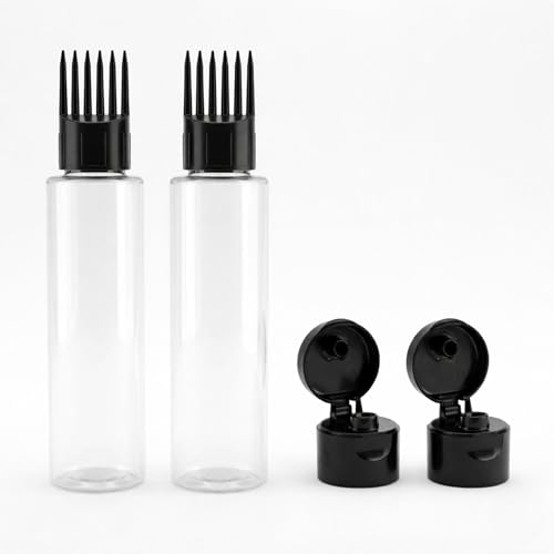 Hian Hair Oil Applicator Bottle with Comb Tip & Two Flip Caps | 100 ml, Pack of 2 (Black) | Transparent Refillable Plastic | Root Care & Mess-Free Scalp Application | For Easy Oil & Shampoo Dispensing - Image 1
