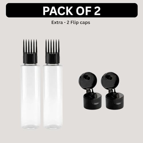 Hian Hair Oil Applicator Bottle with Comb Tip & Two Flip Caps | 100 ml, Pack of 2 (Black) | Transparent Refillable Plastic | Root Care & Mess-Free Scalp Application | For Easy Oil & Shampoo Dispensing - Image 3