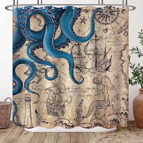 Fungarth Vintage Nautical Octopus Shower Curtain Navy Blue Mermaid Funny Ocean Kraken Shower Curtains for Bathroom Anchor Coastal Map Waterproof Fabric Bath Curtain Decor with Hooks (Retro, 72” x 72”) - Image 1
