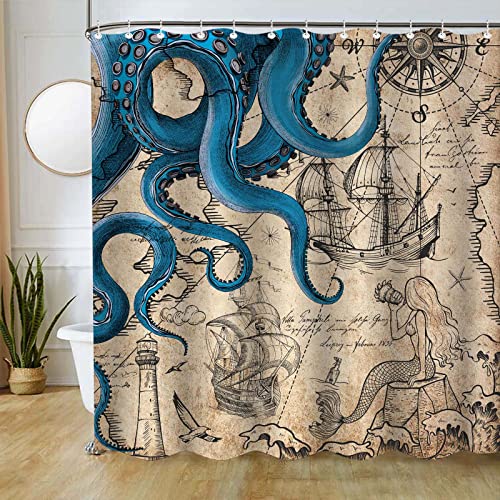 Fungarth Vintage Nautical Octopus Shower Curtain Navy Blue Mermaid Funny Ocean Kraken Shower Curtains for Bathroom Anchor Coastal Map Waterproof Fabric Bath Curtain Decor with Hooks (Retro, 72” x 72”) - Image 2