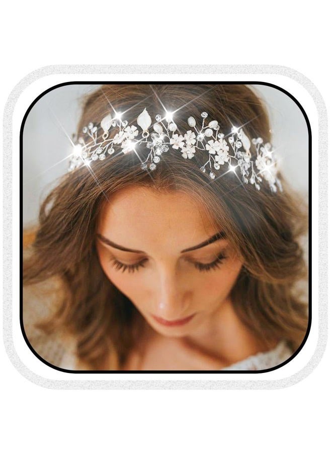 Unsutuo Flower Bride Wedding Headbands Silver Crystal Bridal Headpieces Leaves Hair Vine for Women and Girls (Silver) - Image 1