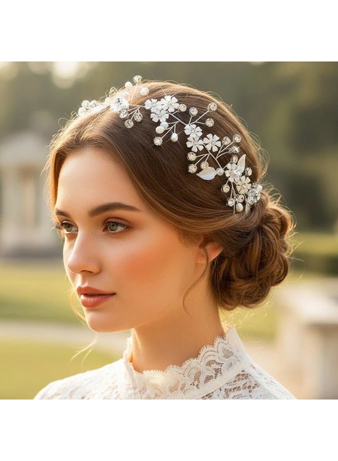 Unsutuo Flower Bride Wedding Headbands Silver Crystal Bridal Headpieces Leaves Hair Vine for Women and Girls (Silver) - Image 3