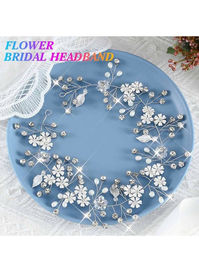 Unsutuo Flower Bride Wedding Headbands Silver Crystal Bridal Headpieces Leaves Hair Vine for Women and Girls (Silver) - Image 2