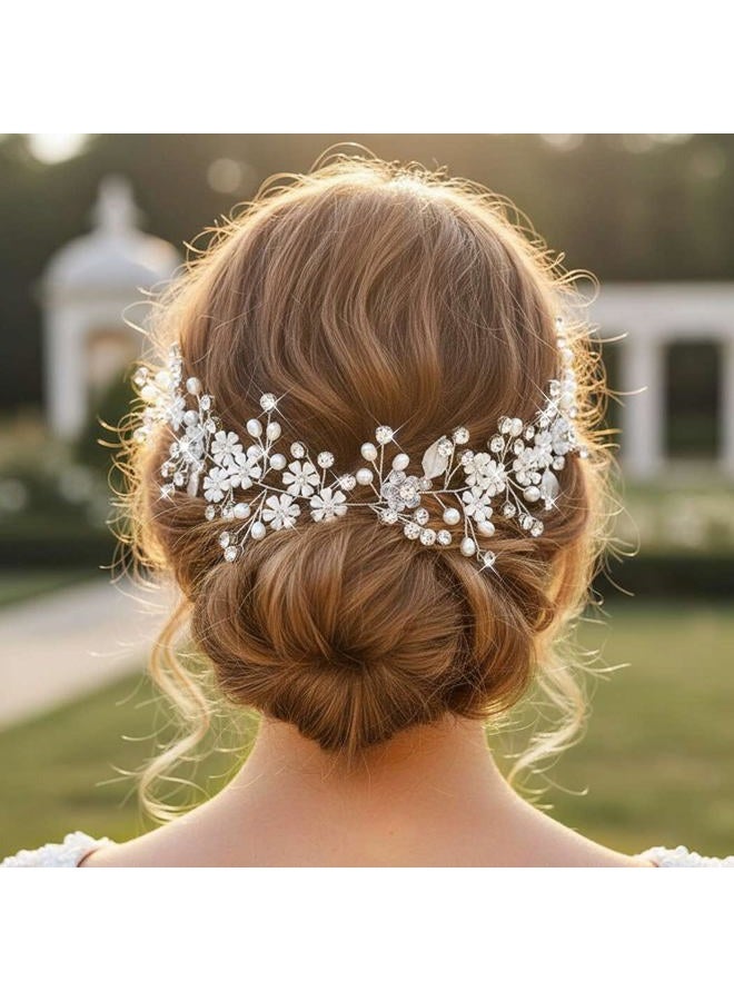 Unsutuo Flower Bride Wedding Headbands Silver Crystal Bridal Headpieces Leaves Hair Vine for Women and Girls (Silver) - Image 5