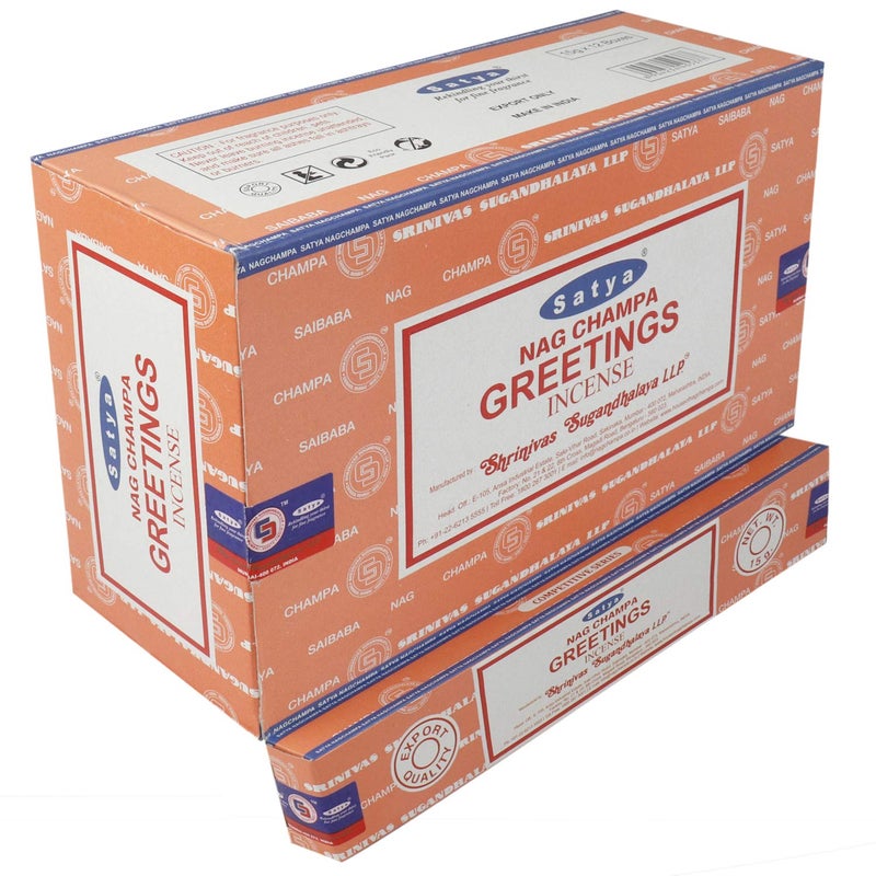 Satya Nag Champa Greetings Incense Sticks Agarbatti 180 Grams Box | 12 Packs of 15 Grams Each in a Box | Free Wooden Stand | Export Quality - Image 1