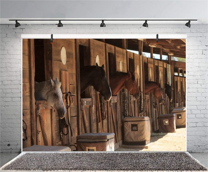 Laeacco Stable Backdrop 7x5ft Vinyl Photography Background StudFarm Horses Scene Farm Country Village Rustic Rural Theme Cowboy Portrait Background Prop - Image 4