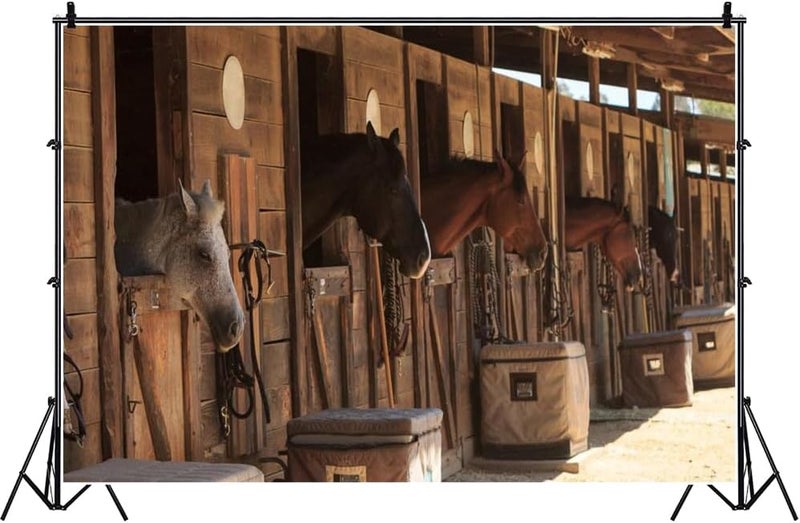 Laeacco Stable Backdrop 7x5ft Vinyl Photography Background StudFarm Horses Scene Farm Country Village Rustic Rural Theme Cowboy Portrait Background Prop - Image 2