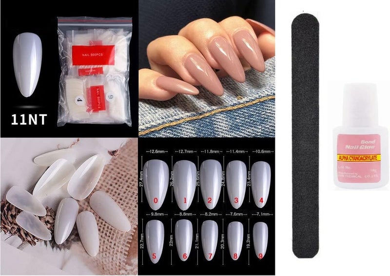 500 x False Artificial French Nail Kit Coffin Ballerina Pointy Nail Art Acrylic Tips Glue 10g Nail File Nail extension Kit White Clear Natural fake nails with glue KIT 11 CREAM TIPS