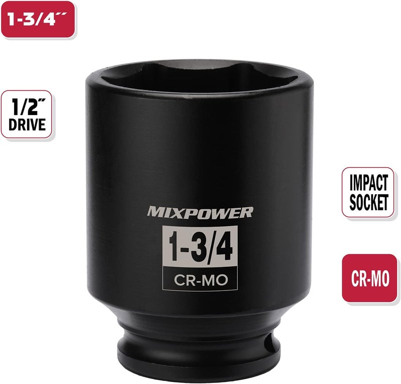 MIXPOWER 1/2" Drive Deep Impact Socket, CR-MO, 1-3/4 inch, 6 Point, Axle Nut Impact Grade Socket for Easy Removal - Image 2