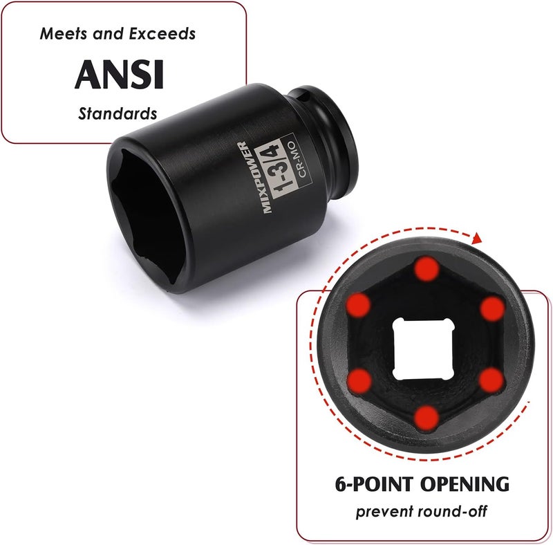 MIXPOWER 1/2" Drive Deep Impact Socket, CR-MO, 1-3/4 inch, 6 Point, Axle Nut Impact Grade Socket for Easy Removal - Image 3