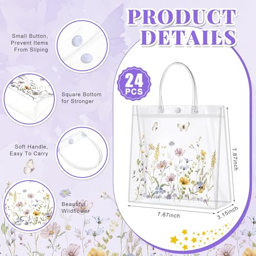 Kacctyen 24 Pcs Wildflower Gift Bags Wildflower Theme Clear PVC Bags with Handles Flower Party Favors for Wedding Birthday Baby Shower Party Supplies Return Gift Wrap Totes for Guests - Image 2