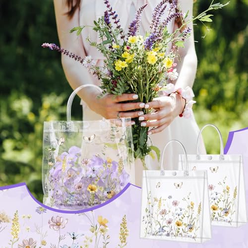 Kacctyen 24 Pcs Wildflower Gift Bags Wildflower Theme Clear PVC Bags with Handles Flower Party Favors for Wedding Birthday Baby Shower Party Supplies Return Gift Wrap Totes for Guests - Image 3