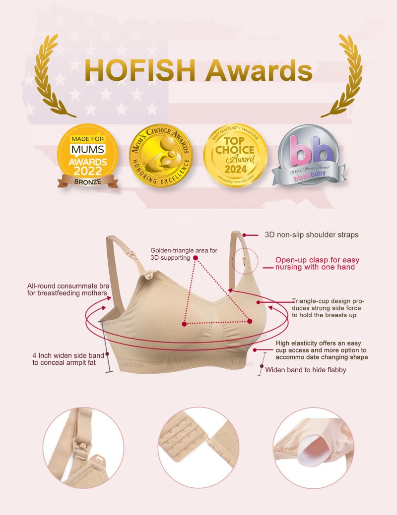 HOFISH Women's Full Cup Lightly Padded Wirefree Maternity Breastfeeding Nursing Bra, 3PCS/Pack(Pink-Black-Beige), L - Image 2
