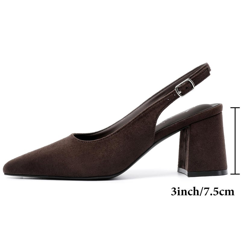 Mostrin Dark Brown Suede Block Slingback Heels for Women Pointed Closed Toe Chunky Heels Office Work Shoes Women's Pumps for Business Casual - Image 5