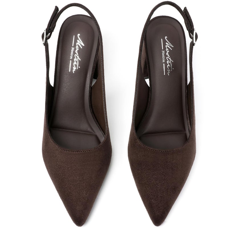 Mostrin Dark Brown Suede Block Slingback Heels for Women Pointed Closed Toe Chunky Heels Office Work Shoes Women's Pumps for Business Casual - Image 4