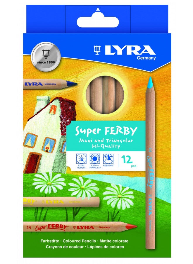 Lyra Super Ferby Triangular Colored Pencils - Set of 12 Colored Pencils with A 6.25mm Core - Highly Pigmented Colored Pencils for Artists of All Ages - Durable Color Pencils Set for Coloring and More